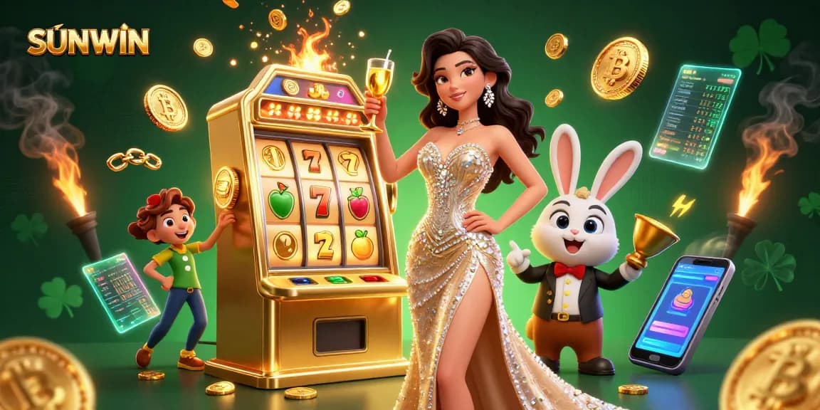SUNWIN showcases a stunning gaming scene with a woman toasting by a jackpot slot machine, capturing the thrill of winning.