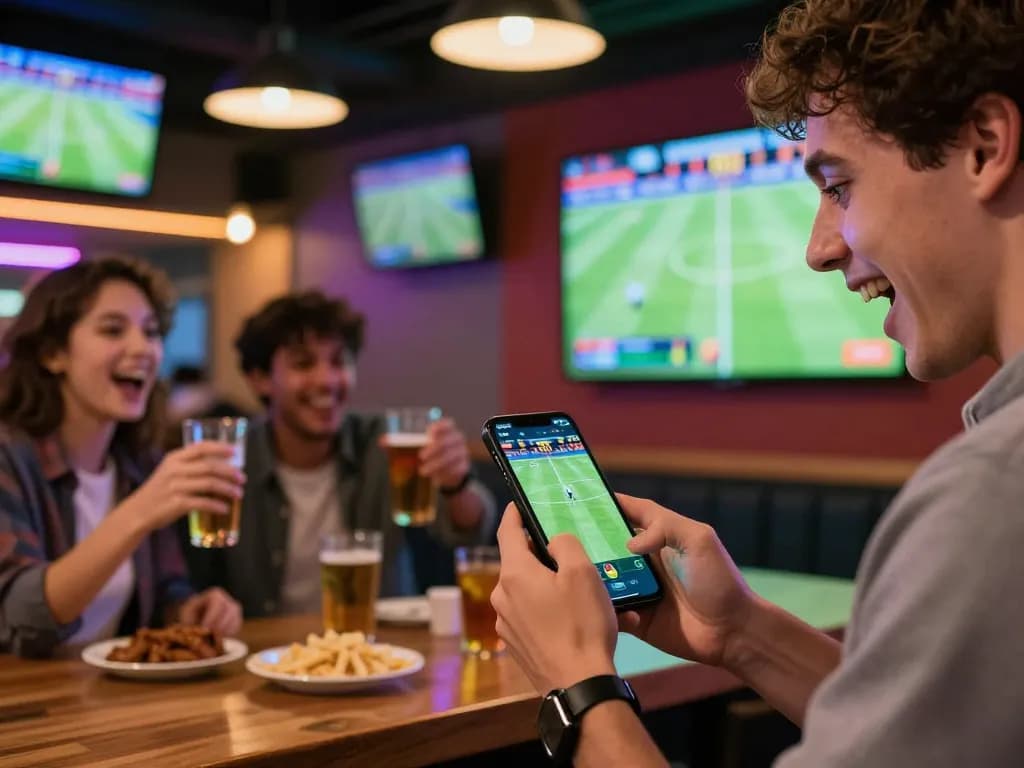 Place live bets using Bongdalu while enjoying sports at a vibrant bar, with screens showing game scores.