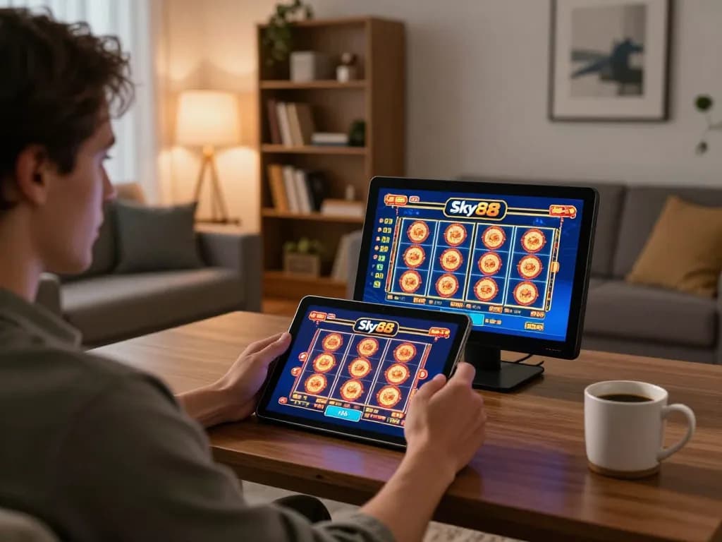 Play exciting Sky88 slots on a tablet in a cozy home gaming setup.