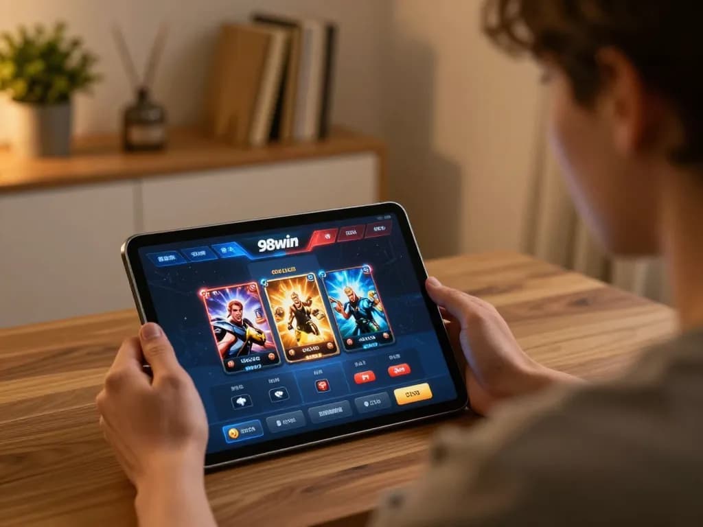 Player enjoying strategic gameplay on the 98win app in a cozy home setting.