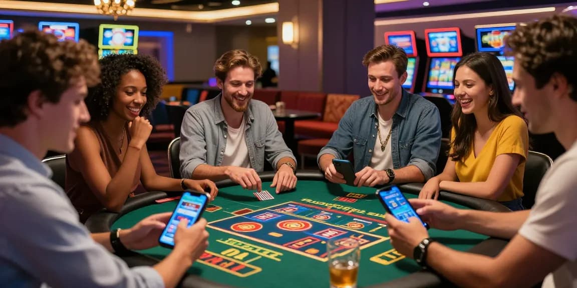 Friends enjoying live games at credit card casinos in a vibrant atmosphere, showcasing excitement and interaction.