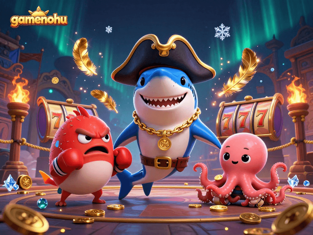 Experience exhilarating gaming with gamenohu as colorful characters celebrate big wins surrounded by dynamic slot elements.