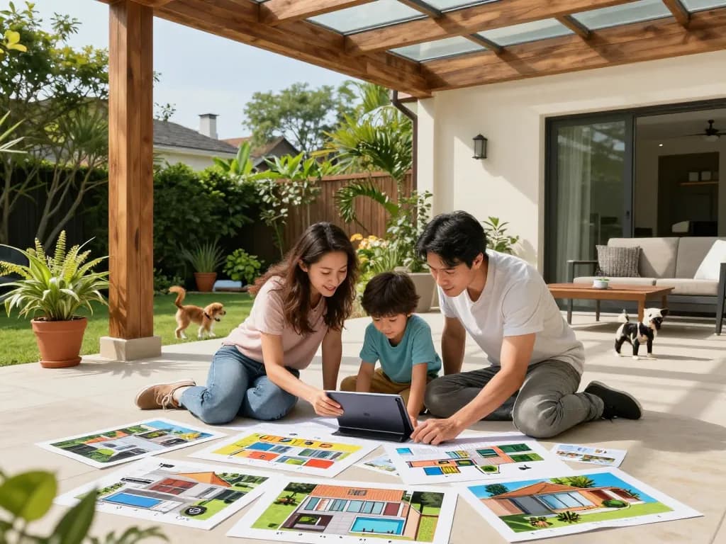 Family using a veranda configurator on a tablet to design their custom outdoor space.