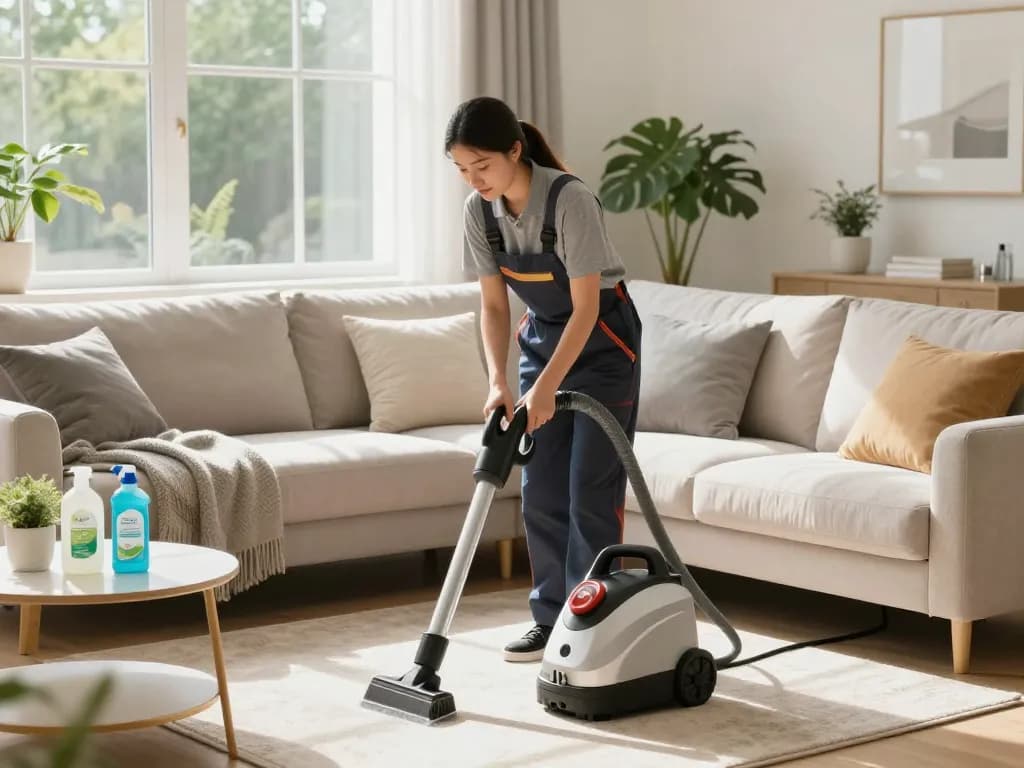 Upholstery cleaner in Wolverhampton using steam cleaning machine in bright living room, emphasizing Allergy & hygiene blogs.