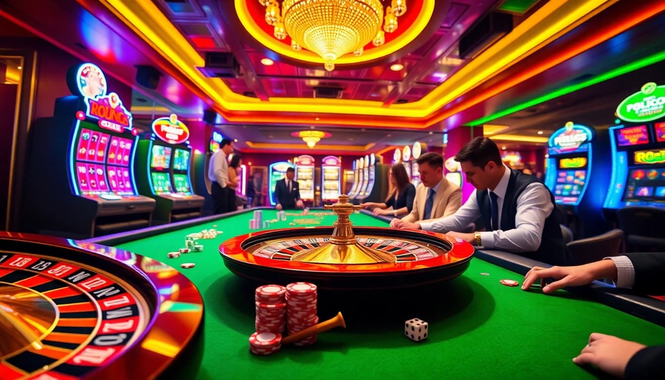 Players enjoying a thrilling game experience at QQ88 link casino with vibrant lights and luxurious decor.