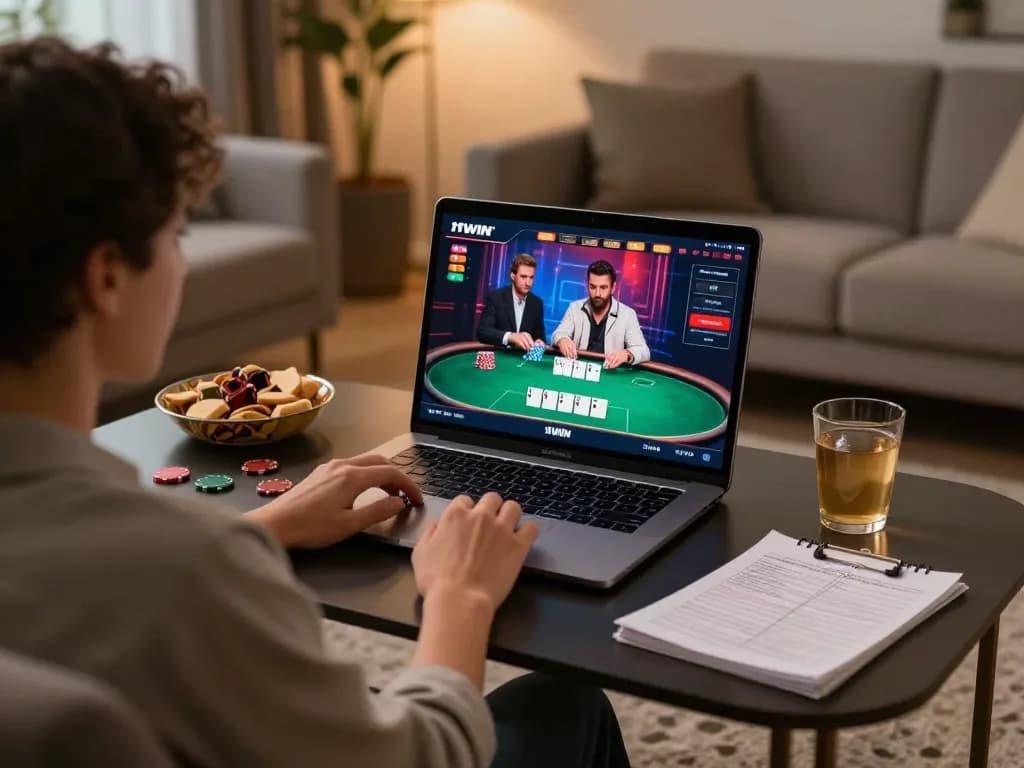 Engaging in an online poker game at home using 11WIN, showcasing a laptop interface and snacks.