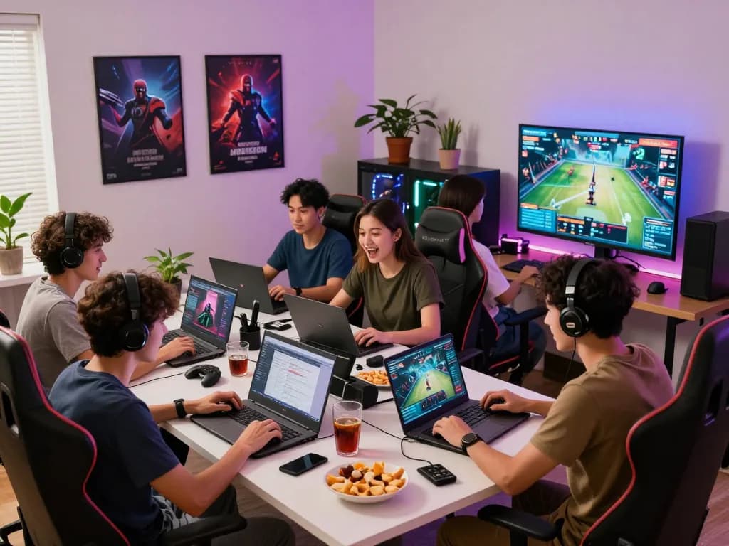 Onbet gaming scene with friends enjoying online games, showcasing excitement and camaraderie.