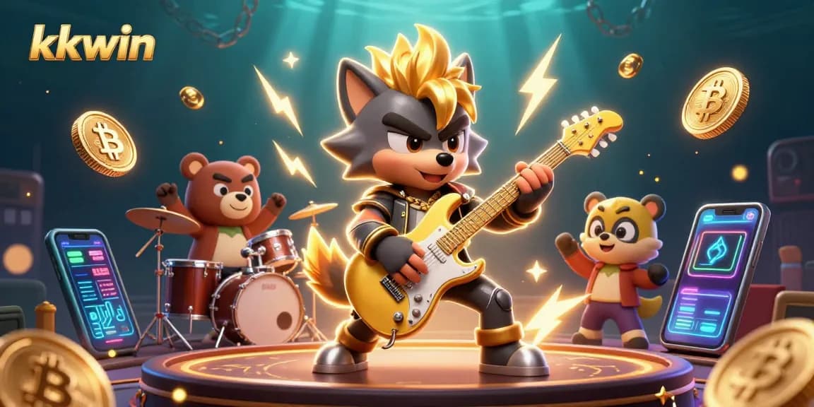 KKWIN's vibrant casino scene showcases a rock star wolf and a wild drummer bear embodying the thrill of online gambling.