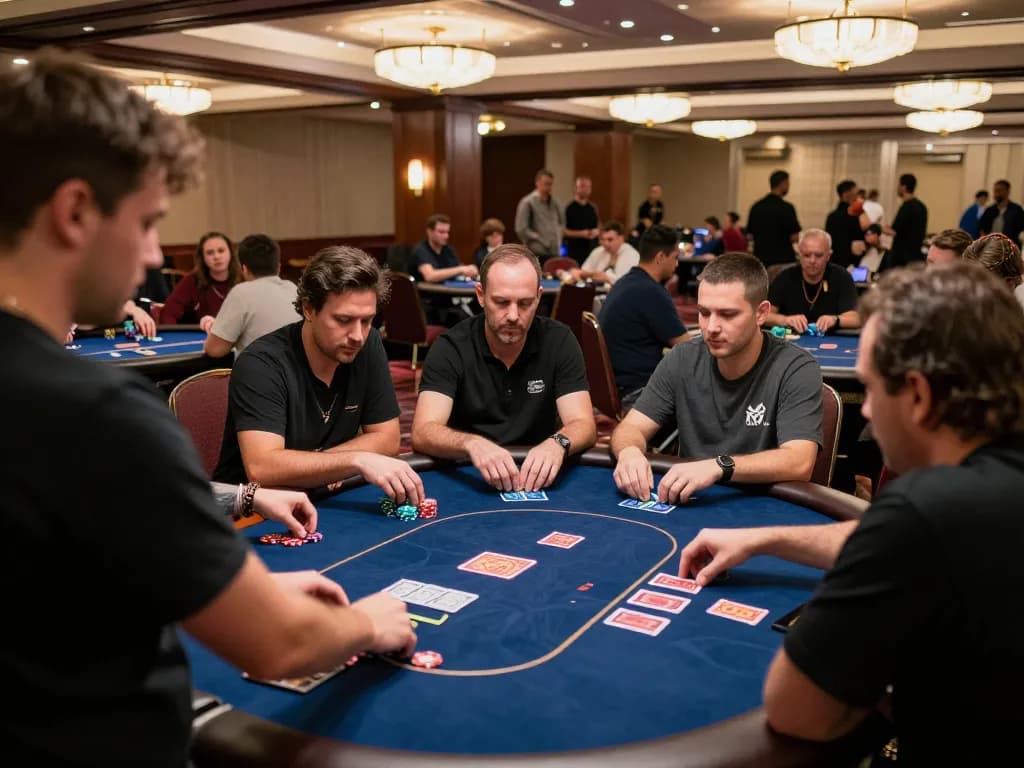 Players engaging in a high-stakes poker game at the casino with SC88 table setups, showcasing strategic moves.