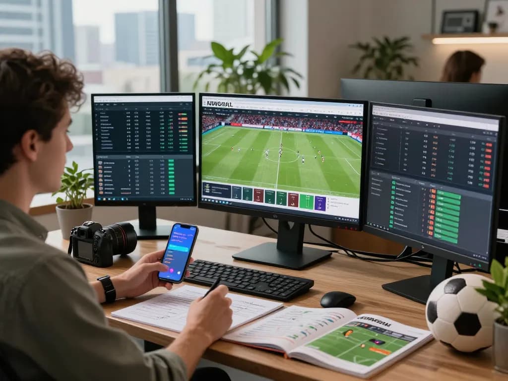 Individual analyzing live football data on NOWGOAL in a modern workspace, showcasing real-time scores and betting statistics.