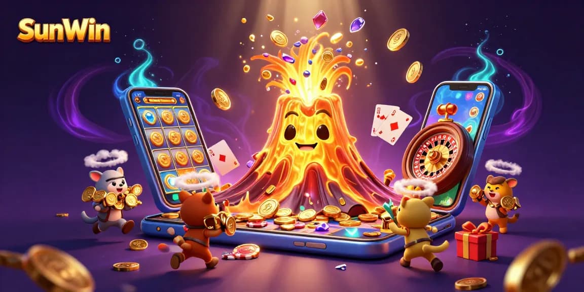 Win big at SunWin with an exciting casino scene featuring a golden volcano and vibrant slot games.
