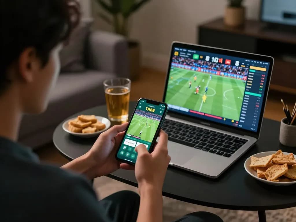 Engaged user placing bets on the TR88 betting app during live sports event.