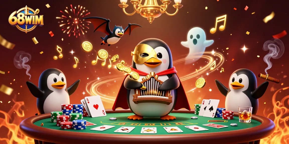 Experience 68WIM's vibrant casino scene featuring a penguin playing the organ as coins fly!