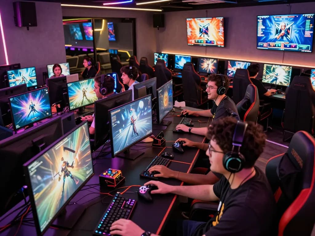 Players immersed in thrilling games at hit club gaming hub with vibrant atmosphere.