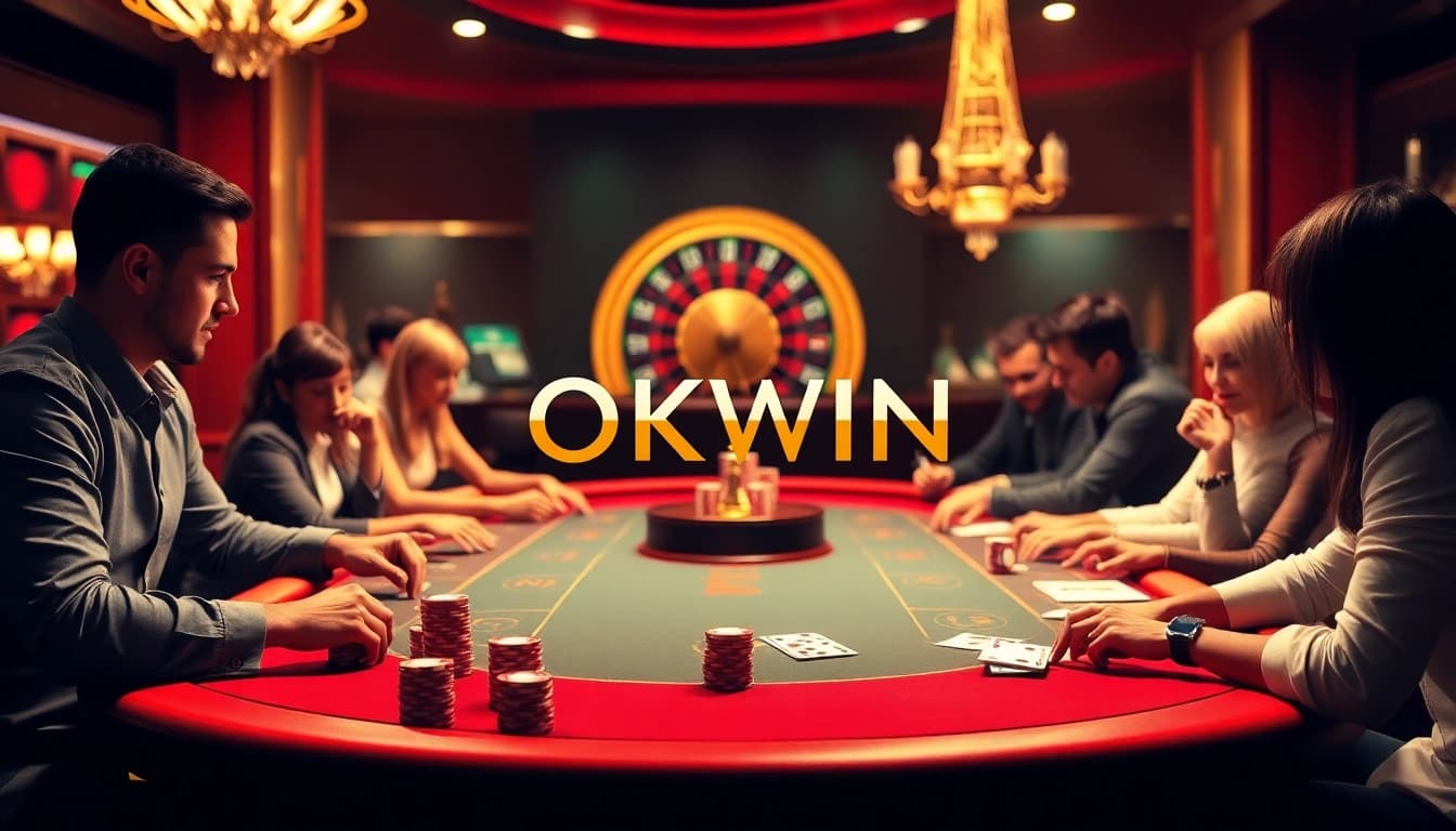 Exciting casino gaming scene featuring players at an OKWIN poker table with chips and cards.