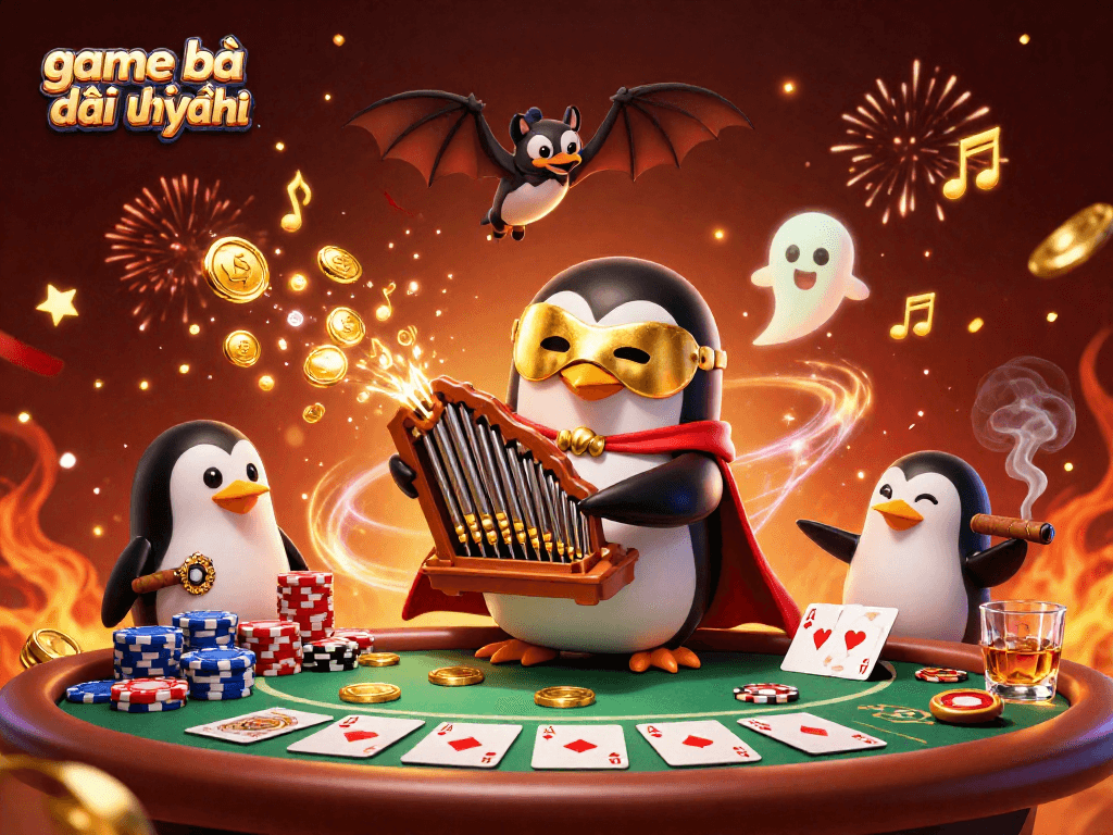 Engage in the experience of game bài đổi thưởng uy tín with a vibrant casino scene featuring a cartoon penguin and poker elements.