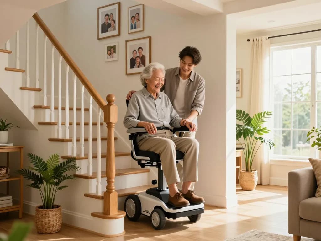 Comfortable stairlift installation aiding mobility for elderly person in a cozy home.