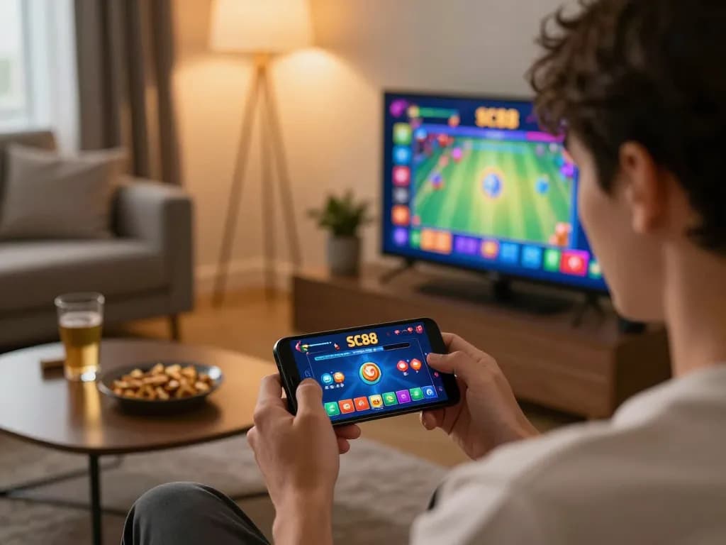 Player engaging with sc88 casino app on smartphone in a stylish living room