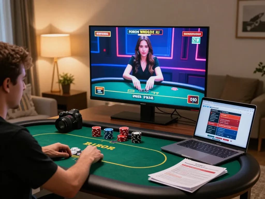 da88 player enjoying a live poker game on a laptop in a cozy home setting