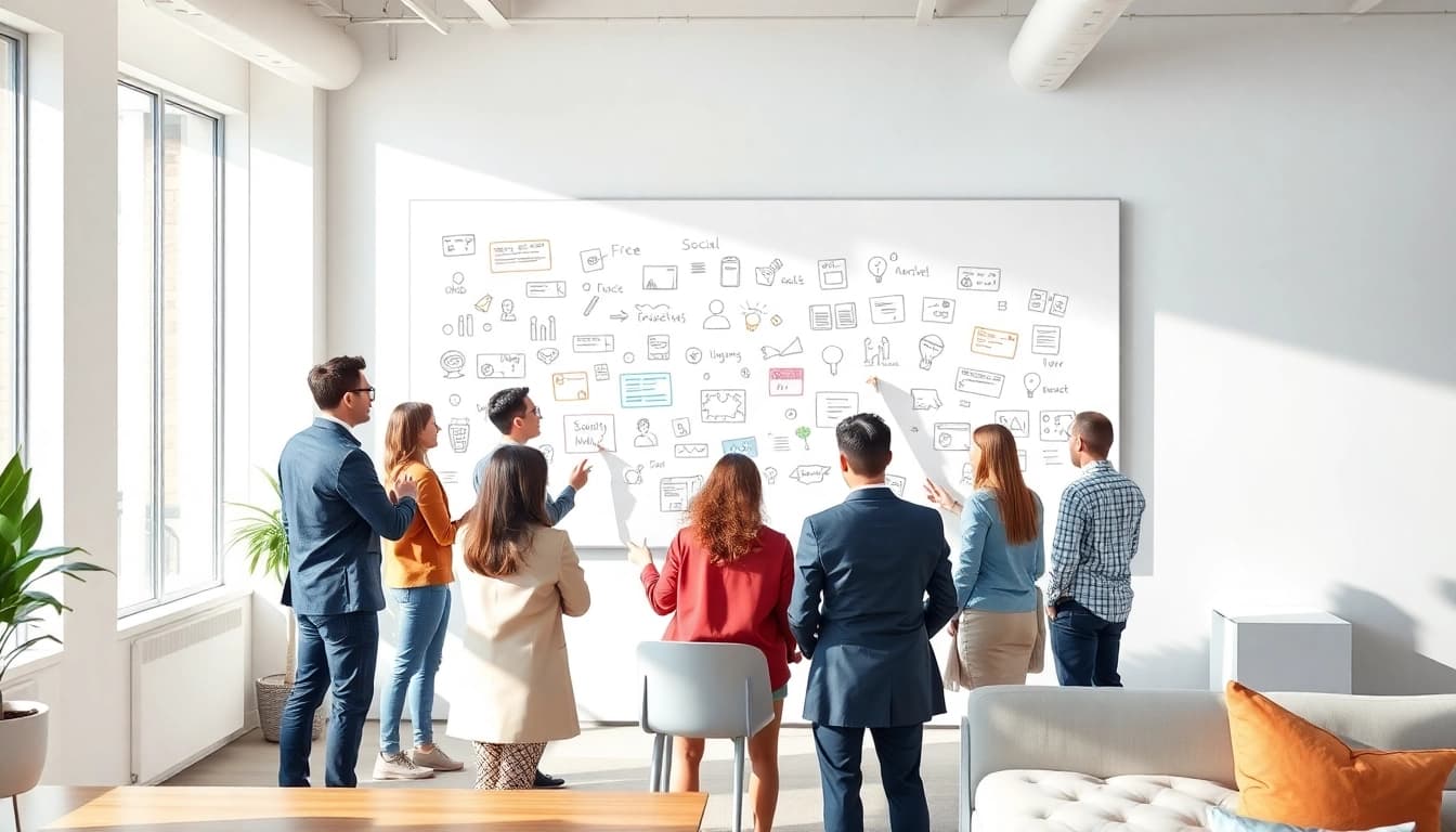 Marketing team strategizing Social media ads in a bright office environment.
