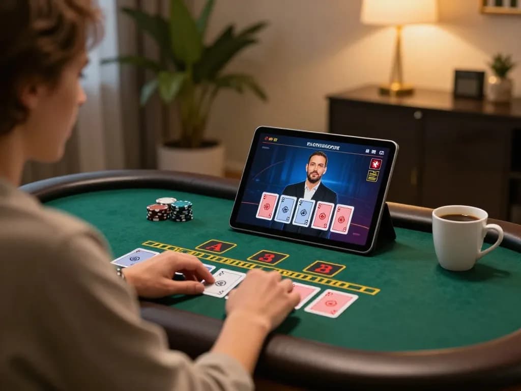 LLwin players enjoying blackjack gameplay on a tablet, showcasing a strategic online gambling experience.