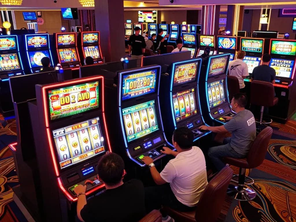 Engaged players spinning slot machines in a vibrant slot Malaysia casino scene, illuminated by dynamic neon lights.