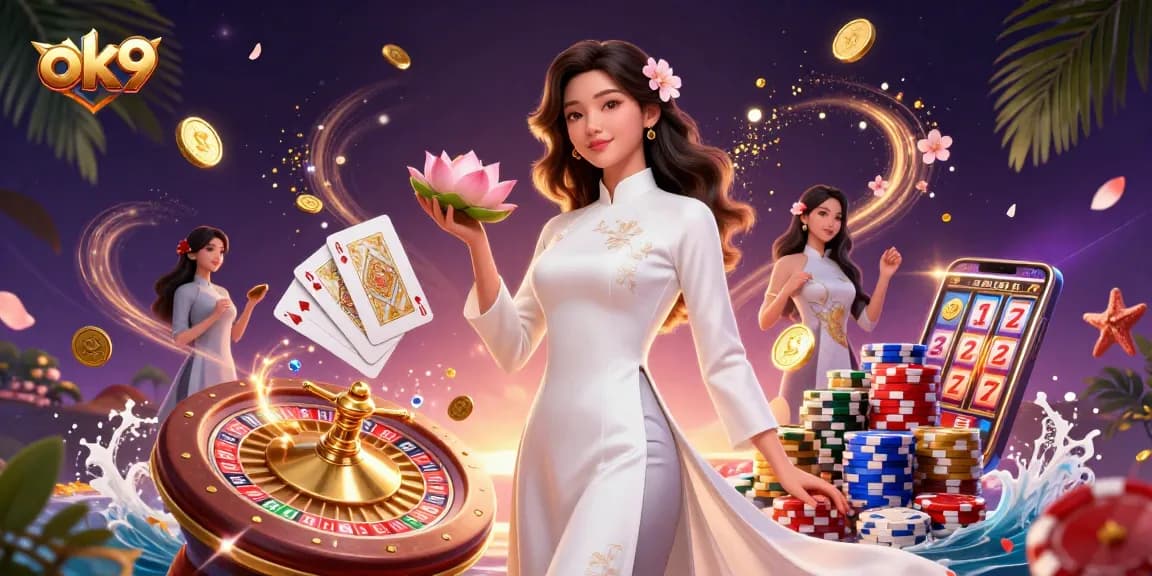 Engage with ok9 for thrilling casino experiences, featuring an elegant Asian woman holding coins amid dynamic game elements.