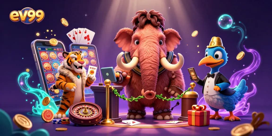 Experience thrilling gameplay with ev99 in this casino-themed illustration featuring unique characters.