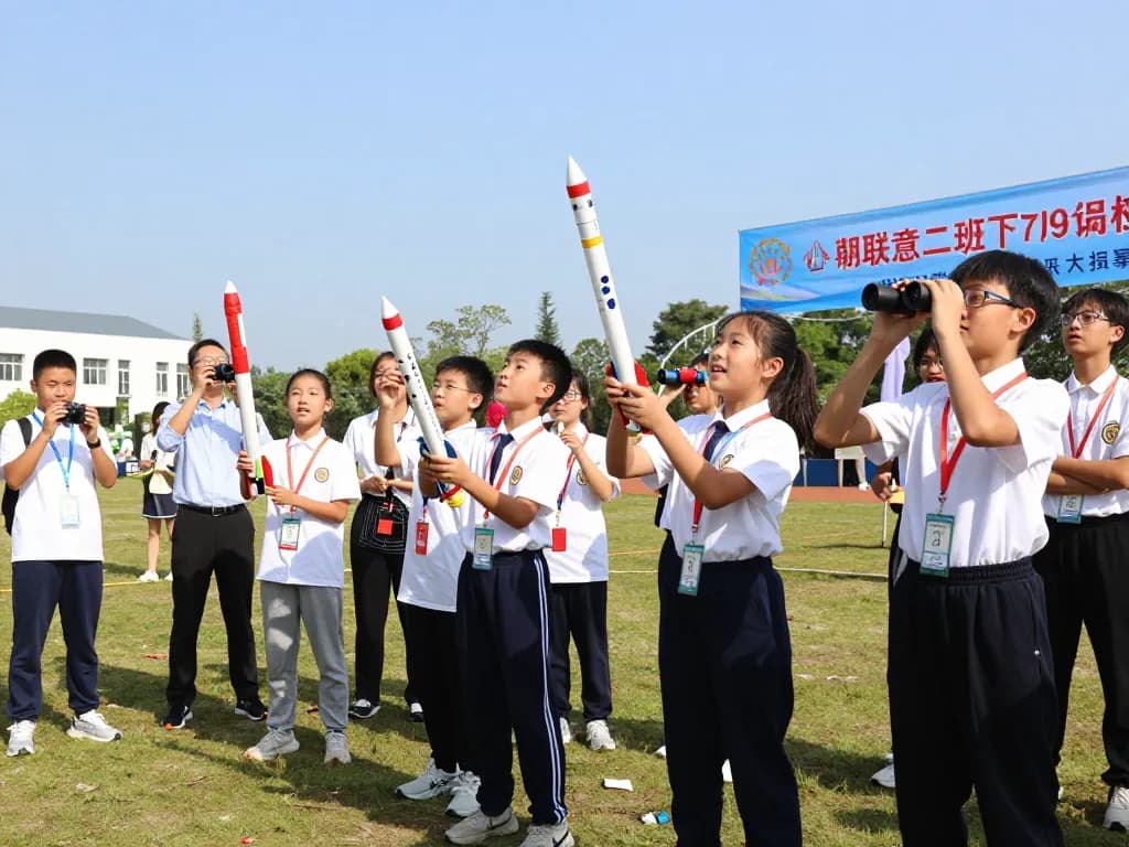 Students launching model rocket kits during a school event, showcasing excitement and STEM learning.