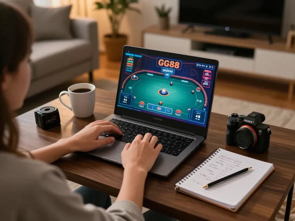 Engaging online gaming scene with GG88, player focused on poker strategy while using a laptop