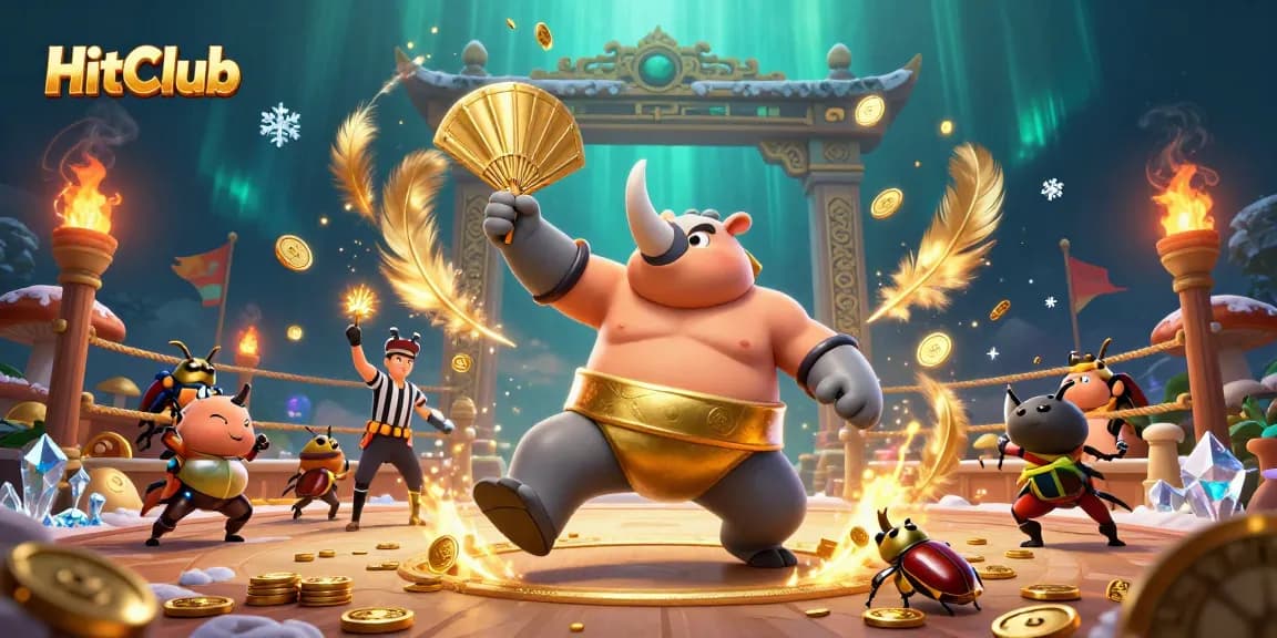 Engage in thrilling gameplay at HitClub with a dynamic scene of a rhinoceros beetle champion surrounded by golden coins and vibrant decorations.