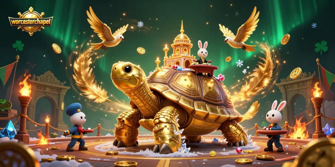 Experience gaming excitement with worcesterchapel's vibrant casino scene featuring a golden tortoise and rabbit dealer.