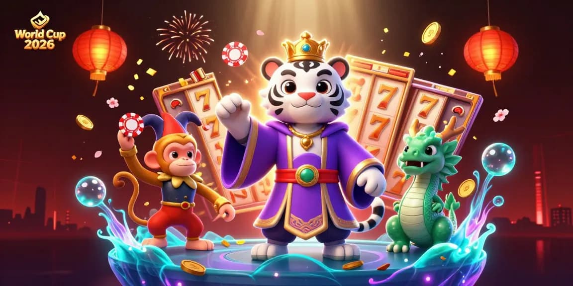 Experience thrilling World Cup 2026 gaming with vibrant 3D illustration featuring animated characters and slot reels.