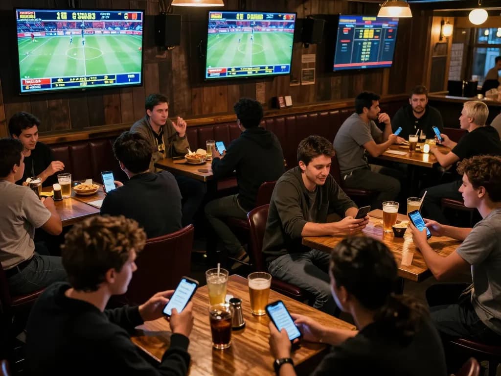 Excited patrons placing bets on Twin68 during a thrilling sports event at a lively bar.