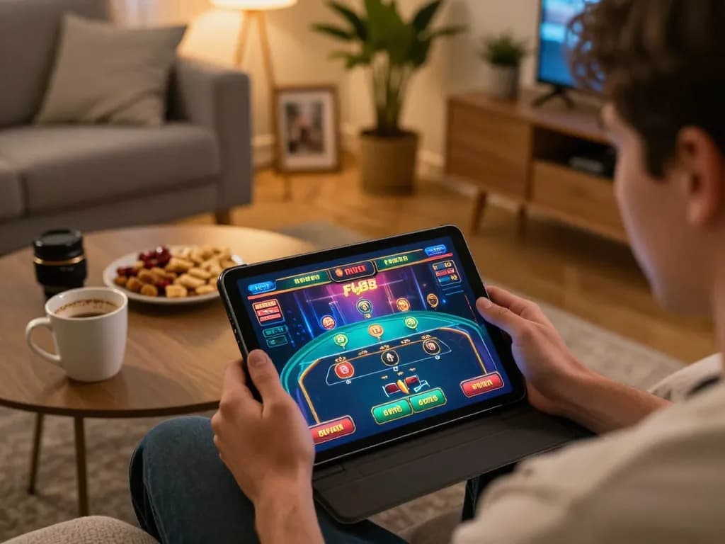 Player enjoying fly88 mobile gaming experience on tablet in a cozy living room environment