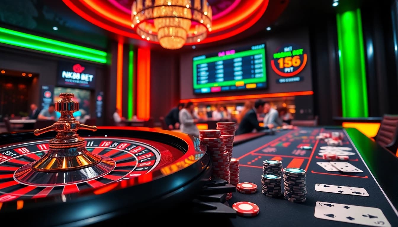 Nk88 bet players engaging in high-stakes games at a vibrant, modern casino table.