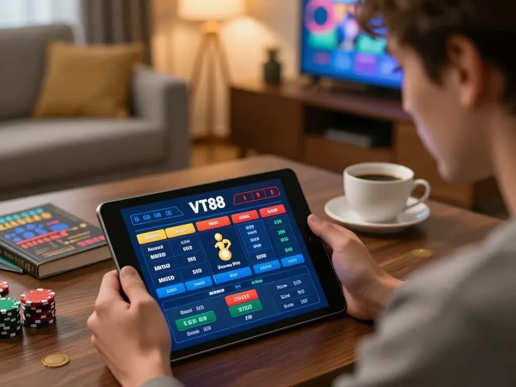 A player engages with the VT88 online platform on a tablet, highlighting strategic gaming at home.