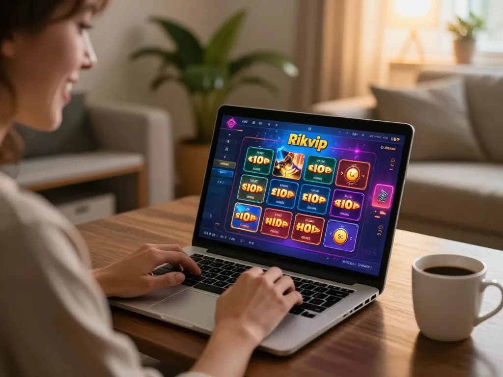 Player enjoying rikvip casino games on laptop in a cozy home setting