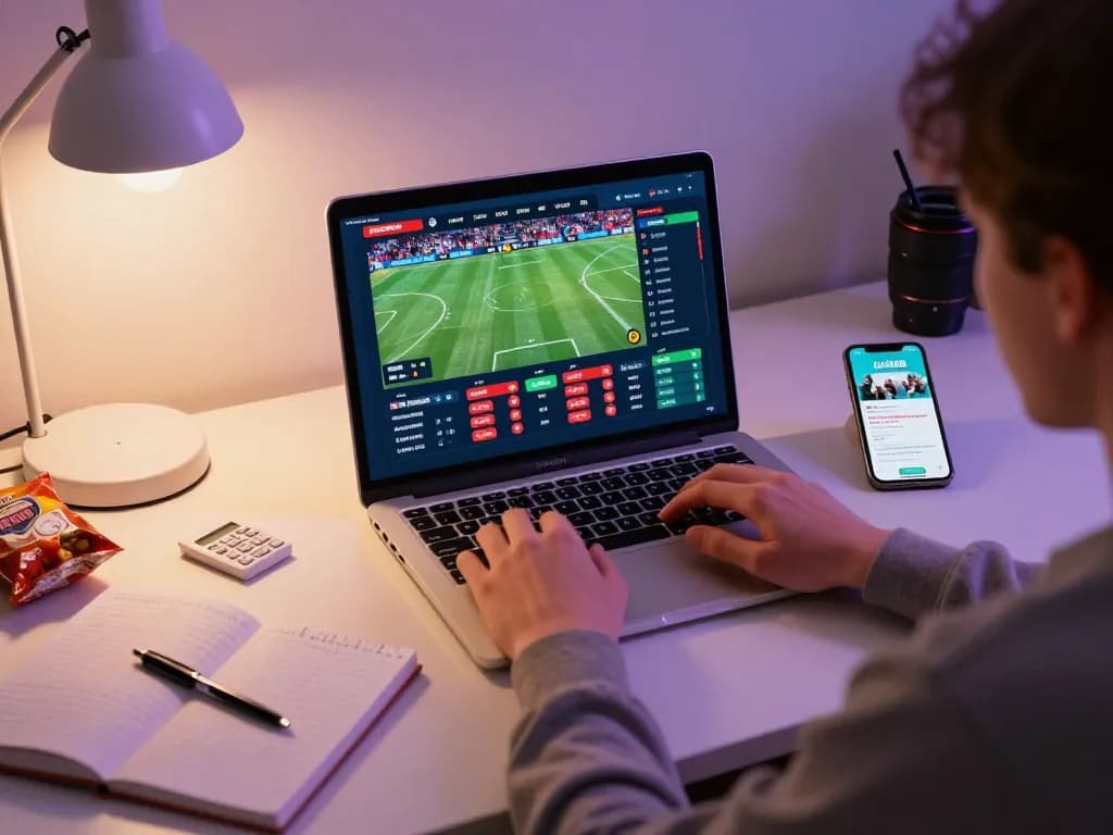 Engaging in sports betting through the lucky88 app on a laptop in a comfortable home office