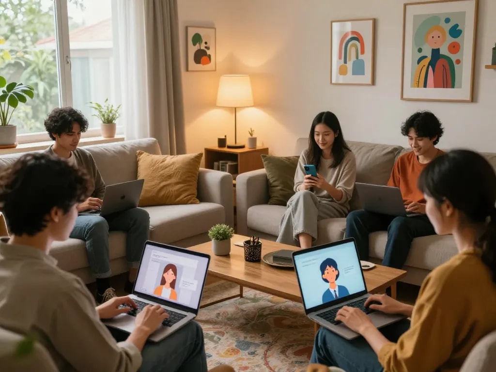 People enjoying nsfw ai chat in a cozy living room, interacting on smartphones and laptops with playful avatars shown on screens.