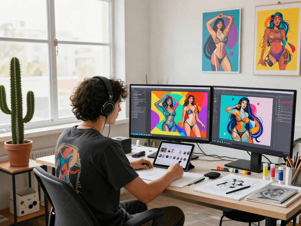 A vibrant digital art studio capturing an artist creating nsfw multimedia artwork, showcasing screens with colorful illustrations and creative tools.