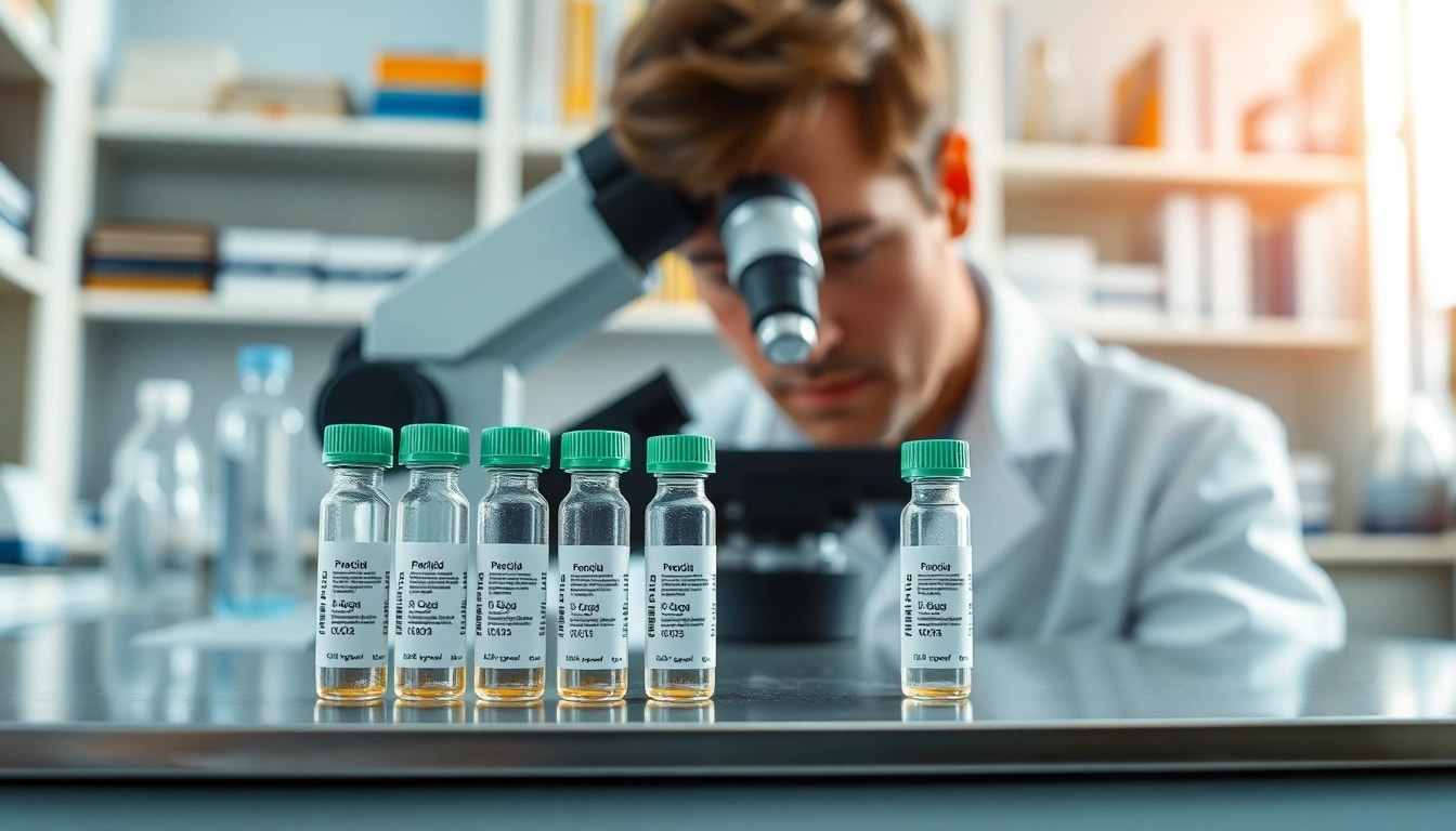 Researcher examining Peptides UK in a professional laboratory setting with vibrant lighting.