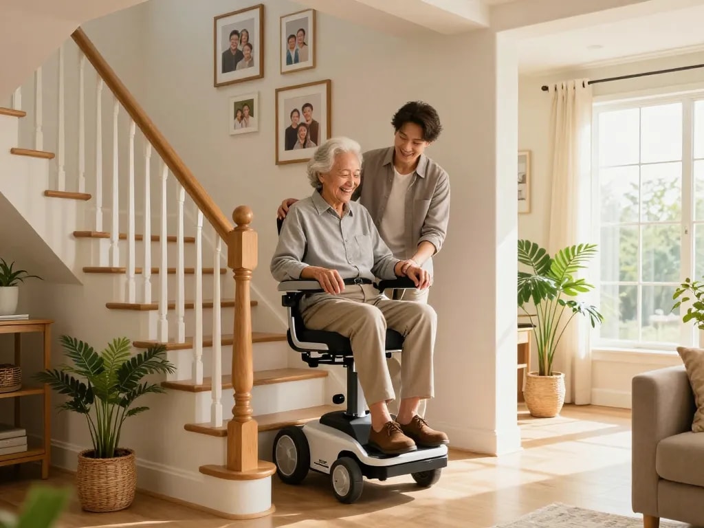 Comfortable stairlift installation aiding mobility for elderly person in a cozy home.