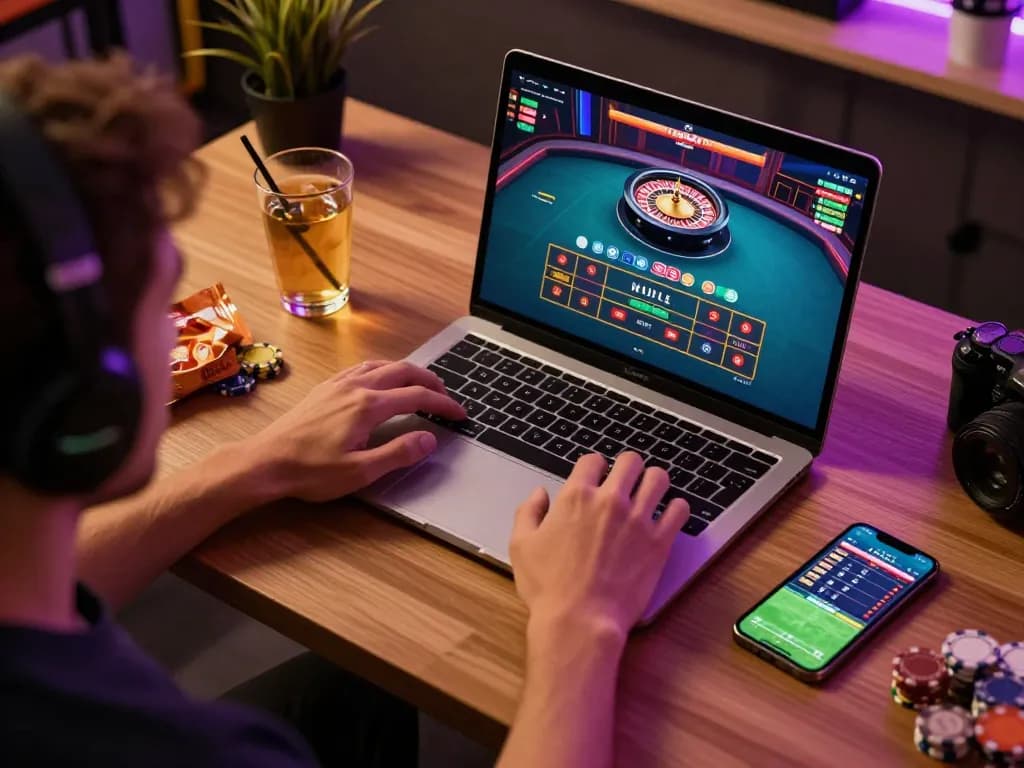 Engaged player using SHBET .COM for online live dealer gameplay, showcasing a dynamic gaming setup.