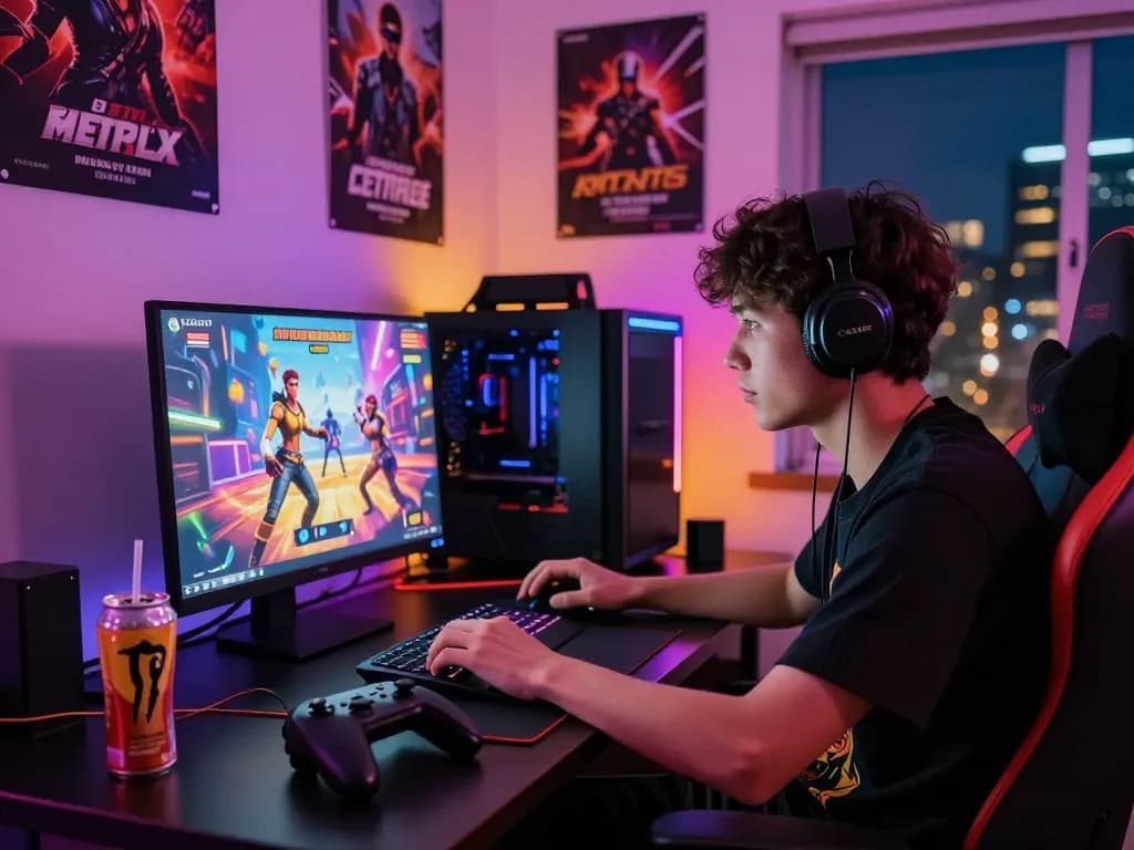 Exciting gamer immersed in a porn game on a laptop amidst colorful LED lights and energetic atmosphere.