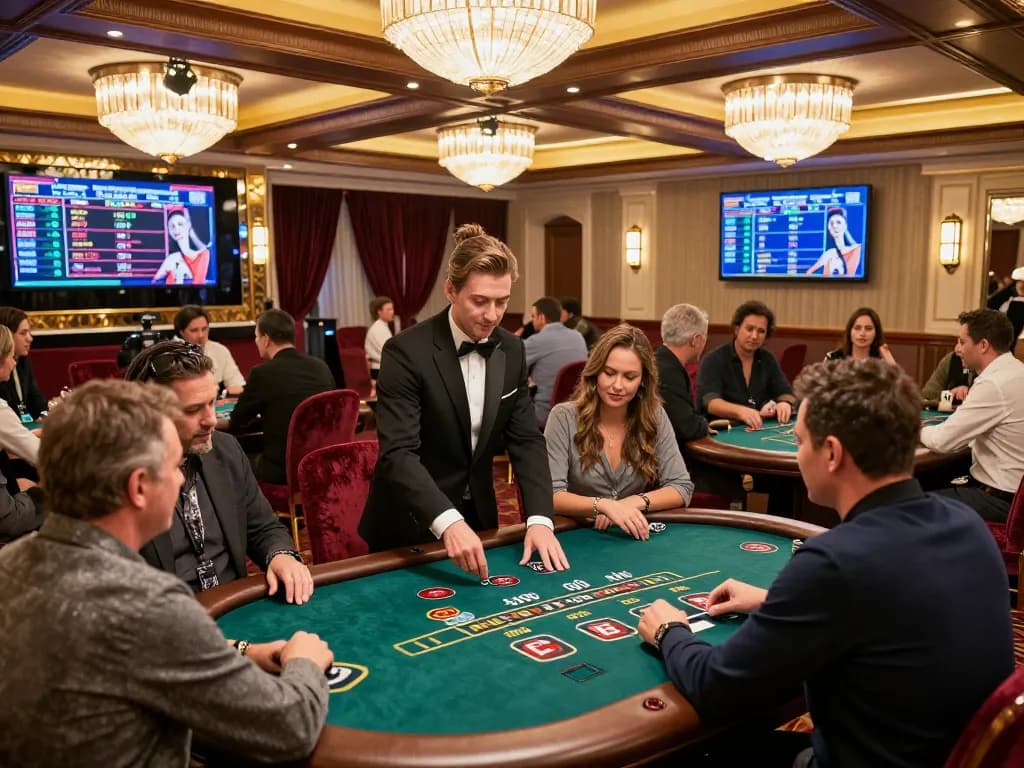 Players enjoying strategic blackjack at CM88's luxurious live dealer casino, engaging with dealers and each other.