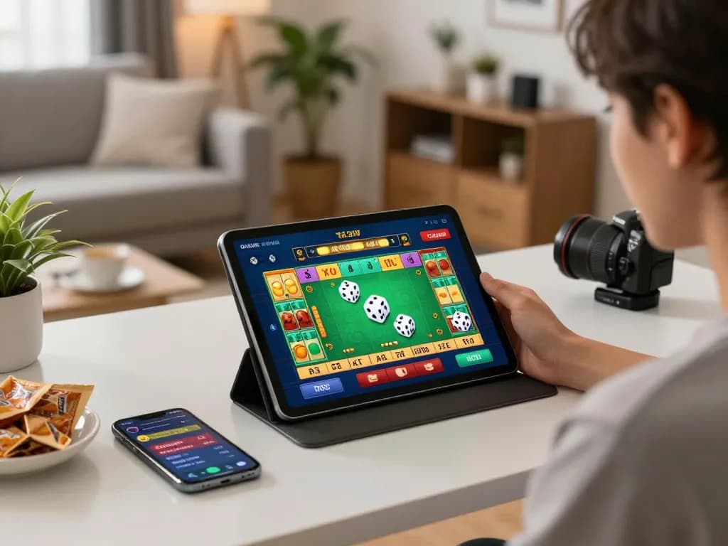 Engaging in tài xỉu online with vibrant game interface on tablet at comfortable home setting.