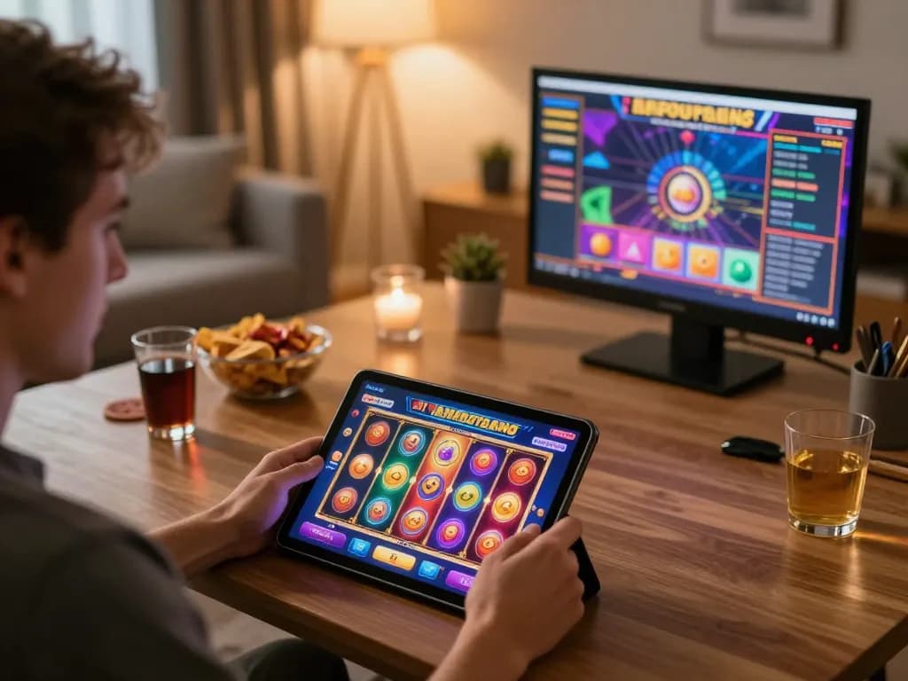 Player engaging with nhà cái fly88 slot game on a tablet in a cozy home setting, promoting responsible gambling.
