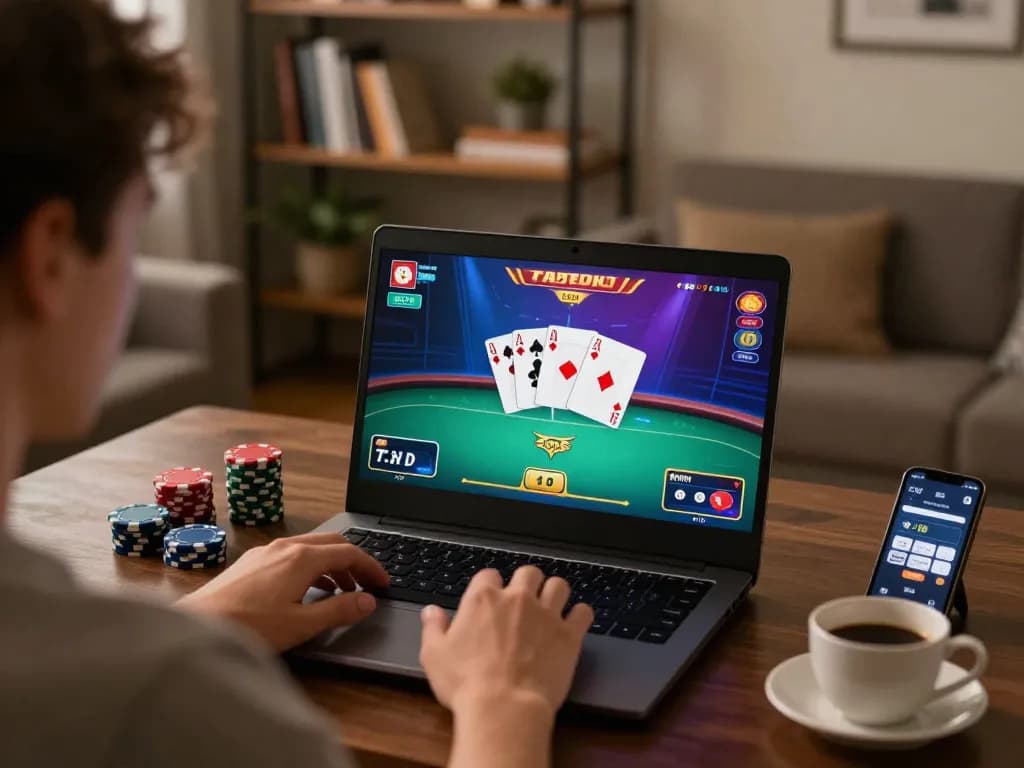 Player enjoying interactive poker gameplay on 789club platform from home laptop in cozy setup.