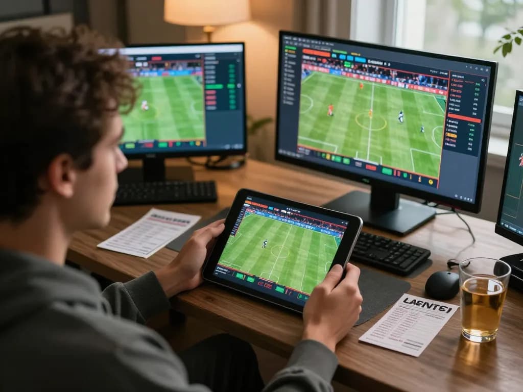 Engaging in online sports betting with 8kbet on a tablet in a stylish home setting.